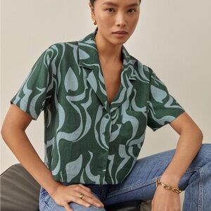 Reformation Lenny boxy linen shirt in green print, size M